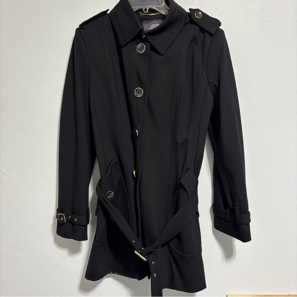Vince Camuto Women's XL Black Fitted Car Coat Overcoat Trench Button Front Belt